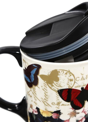 Topadorn 17oz Ceramic Travel Coffee Mug with Sealed Lid Tea Cup with Color Box, Microwave & Dishwasher Safe Unique Mug, Holiday Gift Her Him, Flower & Butterfly
