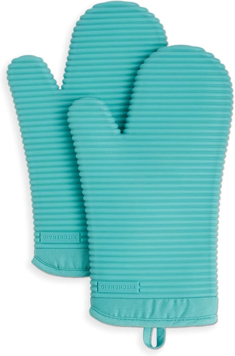 KITCHENAID Ribbed Soft Silicone Oven Mitt 2-Pack Set, 7.5"x13", Aqua Sky