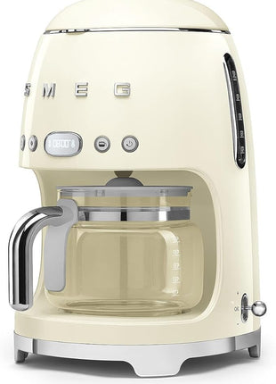Smeg 50's Retro Style Aesthetic Drip Coffee Machine with 10 Cup Glass Carafe, Auto Start Feature, Keep Warm Plate, and Two Coffee Strength Settings (Cream)