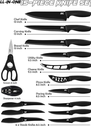 LDC Kitchen Black Knife Set - Stainless Steel, Dishwasher Safe Ergonomic Knives Set with Anti-Slip Handles - Ultra-Sharp Blades - Kitchen Essential Knives - 15 Piece Set