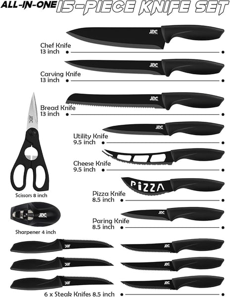 LDC Kitchen Black Knife Set - Stainless Steel, Dishwasher Safe Ergonomic Knives Set with Anti-Slip Handles - Ultra-Sharp Blades - Kitchen Essential Knives - 15 Piece Set