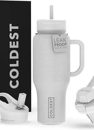 Coldest Tumbler with Handle and Straw, 100% Leak Proof Insulated Tumbler with Lid and Straw (3 Lids), Stainless Steel Tumblers for Women & Men, Cup Holder Friendly, 36 oz (White Croc)