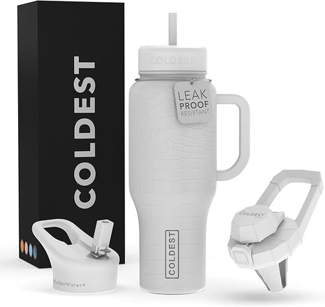 Coldest Tumbler with Handle and Straw, 100% Leak Proof Insulated Tumbler with Lid and Straw (3 Lids), Stainless Steel Tumblers for Women & Men, Cup Holder Friendly, 36 oz (White Croc)