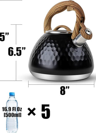 Tea Kettle, Toptier Teapot Whistling Kettle with Wood Pattern Handle Loud Whistle, Food Grade Stainless Steel Tea Pot for Stovetops Induction Diamond Design Water Kettle, 2.7-Quart Black