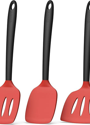 Coukre 3 Pack Silicone Spatula Set, High Heat Resistant, BPA-Free, Fish Spatula, Solid & Slotted Turner for Non-Stick Pans, Flipping Eggs, Pancakes, Fish, Burgers (3, RedBlack)