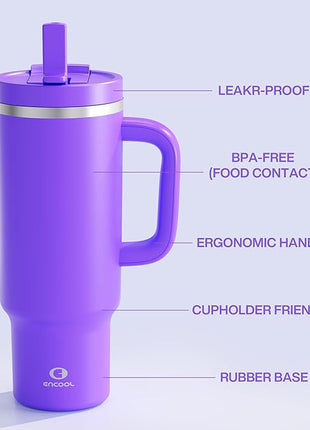 40 oz Tumbler with Handle and Straw: Stainless Steel Insulated Tumbler Keeps Cold for 24 Hours, Leakproof Travel Cup Fits in Cup Holder and BPA-Free,Violet