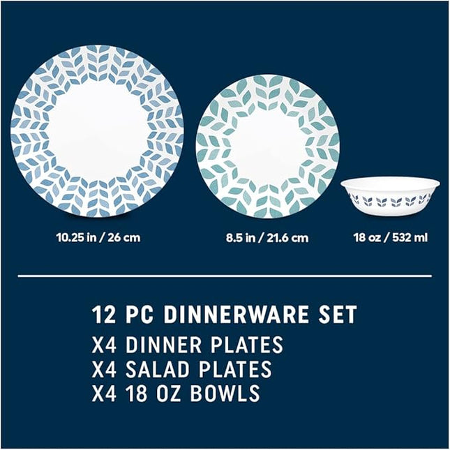 Corelle Vitrelle Glass Dinnerware Set, Chip & Crack Resistant Triple Layer Glass, 12-PC Dinnerware Set, Northern Pines
