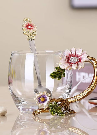 Enamel Sunflower Crystal Lead-Free Glass Tea Cup with Spoon Set, Present for The Christmas, Valentine's Day.Best Present for Mother, Grandma, Girlfriend, Sister.
