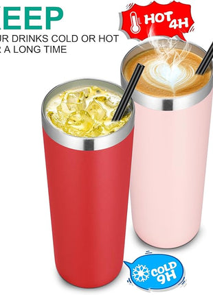 VEGOND 20 oz Stainless Steel Skinny Tumbler with Lids and Straws, 20oz Vacuum Insulated Slim Tumbler Cup, Double Wall Travel Tumblers Bulk for Cold Hot Drinks, Red 12 Pack
