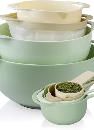 COOK WITH COLOR Nesting Bowls with Measuring Cups Colander and Sifter Set - Includes Mixing Bowls, Colander, Sifter and Measuring Cups, Mint, 8 Pc Bowl