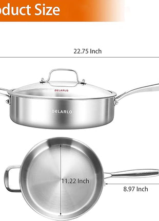 DELARLO Tri-Ply Stainless Steel Frying Pan,12 inch Skillet with Lid,6 Quart Saute Pan,Compatible with All Cooktops,Oven Up to 660℉,Chicken Fryer,Dishwasher-Friendly
