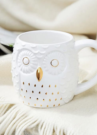 Pinky Up Olivia Owl Mug, Cute Mugs for Women, Tea Tumbler Cup, Tea Accessory Gifts, Owl Design, White and Gold, 16oz