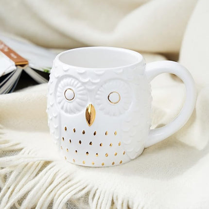 Pinky Up Olivia Owl Mug, Cute Mugs for Women, Tea Tumbler Cup, Tea Accessory Gifts, Owl Design, White and Gold, 16oz