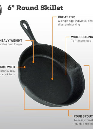 Backcountry Iron 6-1/2 Inch Round Small Pre-Seasoned Cast Iron Skillet