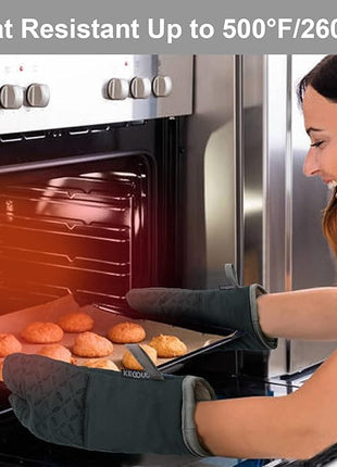 KEGOUU Oven Mitts and Pot Holders 6pcs Set, Kitchen Oven Glove High Heat Resistant 500 Degree Extra Long Oven Mitts and Potholder with Non-Slip Silicone Surface for Cooking (Deep Green)