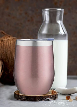 MEZMUT 12 Oz Insulated Wine Tumbler with Lid Double Wall Vacuum Stainless Steel Wine Glass Coffee Mug Insulated Tumbler Cup for Champaign, Cocktail, Beer (Rose Gold, 6 Pack)