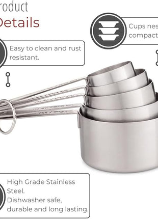 husMait Stainless Steel Measuring Cups - 5 Piece Heavy Duty Measuring Cup Set with Storage Ring