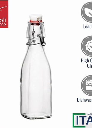 Bormioli Rocco Swing Top Glass Bottle (Set of 4) - 8.5 oz Reusable Container with Secure Metal Clasp, Ideal for Homemade Juices, Oil Infusions, Condiments, Mixers - Everyday Drinking Glasses