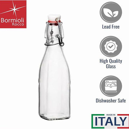 Bormioli Rocco Swing Top Glass Bottle (Set of 4) - 8.5 oz Reusable Container with Secure Metal Clasp, Ideal for Homemade Juices, Oil Infusions, Condiments, Mixers - Everyday Drinking Glasses