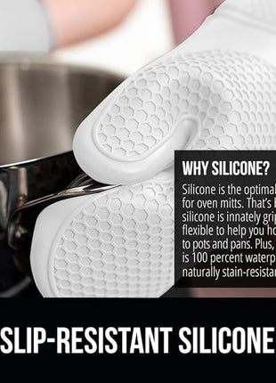 GORILLA GRIP BPA-Free Soft Silicone Oven Mitts, 14.5x8.3, Heat Resistant and Waterproof Cooking Gloves, Thick Cotton Lining, Flexible Gripping for Baking Grilling, Kitchen Potholders Set of 2, White