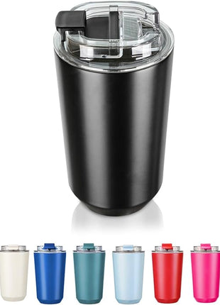 Puraville Insulated Tumblers with Lid, 14 oz Travel Coffee Mug Stainless Steel Vacuum Cup, Leak Proof Reusable Double Walled Coffee Tumbler for Iced and Hot Drinks, Black