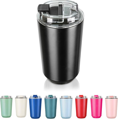 Puraville Insulated Tumblers with Lid, 14 oz Travel Coffee Mug Stainless Steel Vacuum Cup, Leak Proof Reusable Double Walled Coffee Tumbler for Iced and Hot Drinks, Black