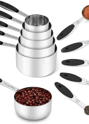 Joyhill Stainless Steel Measuring Cups and Spoons Set of 10 Piece, Nesting Metal Measuring Cups Set with Soft Touch Silicone Handles for Dry and Liquid Ingredients, Cooking & Baking (Black)