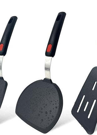 Tenta Tenta Kitchen 3 Pack Flexible Silicone Spatula Turner Set Slotted Fish Spatula-600F Heat Resistant,Wide Slotted Turners Spatulas,Omelet Spatulas for Flipping Eggs,Burgers,Crepes Etc, Grey/Black