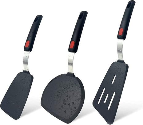 Tenta Tenta Kitchen 3 Pack Flexible Silicone Spatula Turner Set Slotted Fish Spatula-600F Heat Resistant,Wide Slotted Turners Spatulas,Omelet Spatulas for Flipping Eggs,Burgers,Crepes Etc, Grey/Black