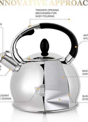 SUSTEAS Stove Top Whistling Tea Kettle - Food Grade Stainless Steel Teakettle Teapot with Cool Touch Ergonomic Handle, With 1 Silicone Pinch Mitt Included,2.64 Quart(SILVER)