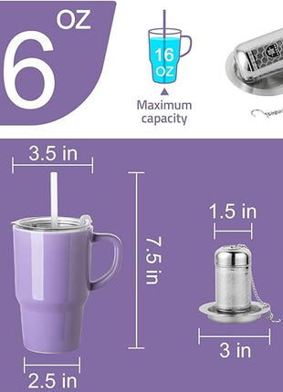 Sweejar Ceramic Travel Mug with Lid, 16 oz Portable Coffee Mug, Dishwasher Safe Tea Cup with Infuser, Reusable Teacup for Car Cup Holder, Tea Lovers(Purple)