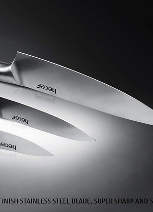 hecef Silver Kitchen knife set of 5, Satin Finish Blade with Hollow Handle, includes 8" Chef, 8" Bread, 8" Santoku, 5" Utility and 3.5" paring knife