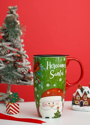 Topadorn Christmas Ceramic Mug Coffee Cup with Sealed Lid and Gift Box Latte Mug, 17oz. Here Comes Santa Claus