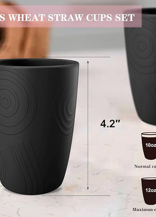Homienly Wheat Straw Cups Set of 6, 12 OZ Alternative Plastic Cups Reusable, Stackable Drinking Cups, Water Cups, Coffee Cups, Unbreakable Glasses Drinking for Camping, Travel, Party - Black