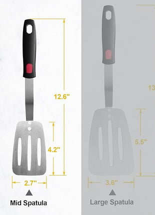 Stainless Steel Spatula, Flexible Metal Slotted Turner for Cast Iron Skillet, Thin Blade and Heat Resistant Silicone Handle, Great for Egg, Cookie, Meat, Crep, Medium