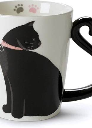 VOTUM Black Cat Ceramic White Coffee or Tea Mug - Animal Shaped Cup with Hand Printed Designs - Cute Handmade Gift for Men or Women Cat Lovers - 12 Fluid Ounce