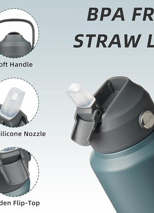 BJPKPK Insulated Water Bottle with Straw Lid, 40oz Large Thermo, BPA Free Leak Proof Stainless Steel Metal Water Bottles, Tumblers, Cups, Flasks for Travel, Sports, Grey