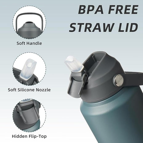 BJPKPK Water Bottle with Straw Lid, 32oz Vacuum Insulated Water Bottles, Metal Stainless Steel Thermo for Sports, Travel, BPA Free Leak Proof Thermo, Cups, Flasks, Tumblers, Grey