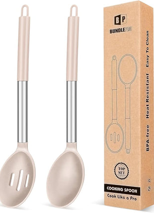 Pack of 2 Large Silicone Cooking Spoons,Non Stick Solid Basting Spoon,Heat-Resistant Kitchen Utensils for Mixing,Serving,Draining,Stirring (STAINLESS STEEL KHAKI)