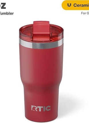 RTIC 20oz Essential Tumbler with Lid, Ceramic Lined, Insulated, Stainless Steel, Metal, Double Wall Vacuum-Insulation, Travel Cup for Iced Coffee, Tea, Hot and Cold Drink, Flag Red