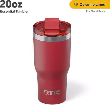 RTIC 20oz Essential Tumbler with Lid, Ceramic Lined, Insulated, Stainless Steel, Metal, Double Wall Vacuum-Insulation, Travel Cup for Iced Coffee, Tea, Hot and Cold Drink, Flag Red