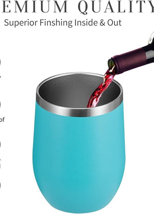 MEWAY 12oz Wine Tumbler 16 Pack Bulk Gifts for Women,Double Wall Vacuum Stainless Steel Travel Mug with Lid,Insulated Stemless Wine Cup Glass for Coffee,Cocktails(Turquoise,Set of 16)