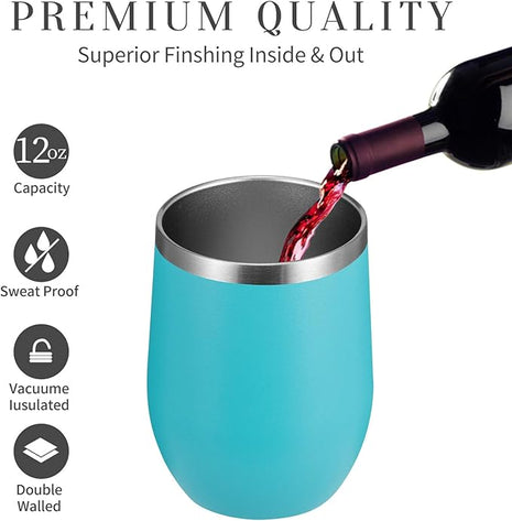 MEWAY 12oz Wine Tumbler 16 Pack Bulk Gifts for Women,Double Wall Vacuum Stainless Steel Travel Mug with Lid,Insulated Stemless Wine Cup Glass for Coffee,Cocktails(Turquoise,Set of 16)