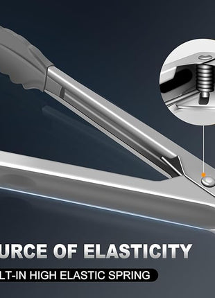 Kitchen Tongs with Silicone Tips - Heat Resistant 600 Degrees Stainless Steel Locking Cooking Tongs with Rubber Tips, Non-Stick Food Tongs for Cooking, Heavy Duty, Set of 3-7" 9" and 12" Grey