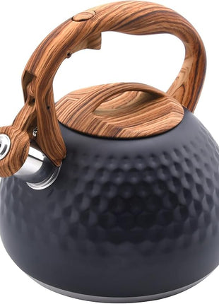 Tea Kettle Stovetop, 3.2 Qt Stainless Steel Whistling Kettle for Stove Top, Food Grade Teapot with Wood Pattern Handle for Coffee, Milk etc, Gas Electric Applicable (Black)