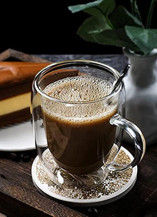 LIBWYS 2 Pack Double Walled Coffee Cups Glasses Mugs, 12oz Espresso Cappuccino Latte Tea Cups with Handle, Heat Resistant Borosilicate Clear Glasses 350ml