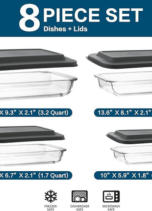 8-Piece Deep Glass Baking Dish Set with Plastic lids,Rectangular Glass Bakeware Set with Lids, Baking Pans for Lasagna, Leftovers, Cooking, Kitchen, Freezer-to-Oven and Dishwasher, Gray