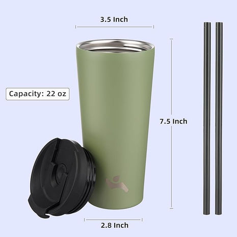 22 OZ Insulated Tumbler with Lid and 2 Straws Stainless Steel Water Bottle Vacuum Travel Mug Coffee Cup,ArmyGreen