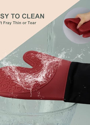 sungwoo Extra Long Silicone Oven Mitts, Heat Resistant Oven Gloves with Quilted Liner Non-Slip Textured Grip Perfect for BBQ, Baking, Cooking and Grilling - 1 Pair 14.6 Inch Red & Black