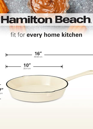 Hamilton Beach Enameled Cast Iron Fry Pan 10-Inch Cream, Cream Enamel Coating, Skillet Pan for Stove Top and Oven